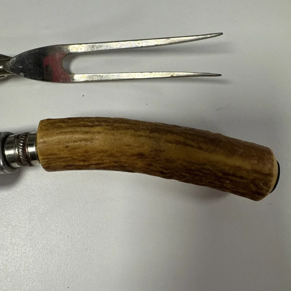 Latham & Owen Sheffield England Carving Set Antler Handles Knife Fork‎